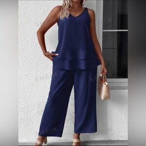 EMERY ROSE Summer Plus Solid Tank Top & Wide Leg Pants Navy Blue 1XL